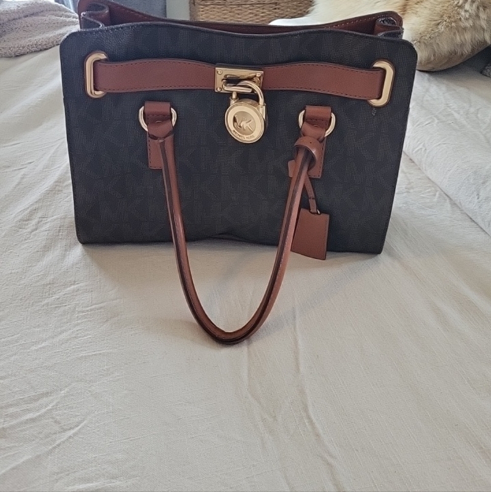 Michael Kors Hamilton Leather Bag Brown Logo with Dust Bag - Picture 2 of 13